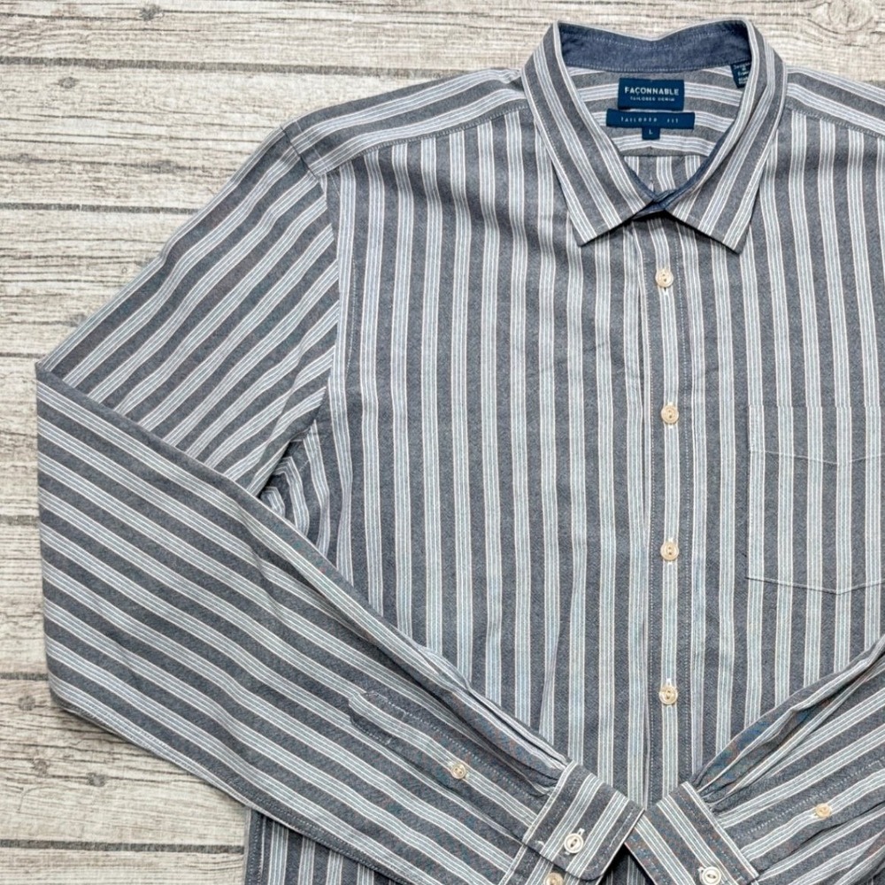 Faconnable Dresss Shirt Mens L Gray Striped Tailored Denim Long Sleeve Button Up